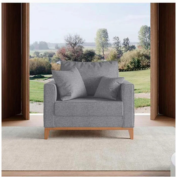 Poltrona Estofada Beny com Pés em Madeira e Linho Cinza