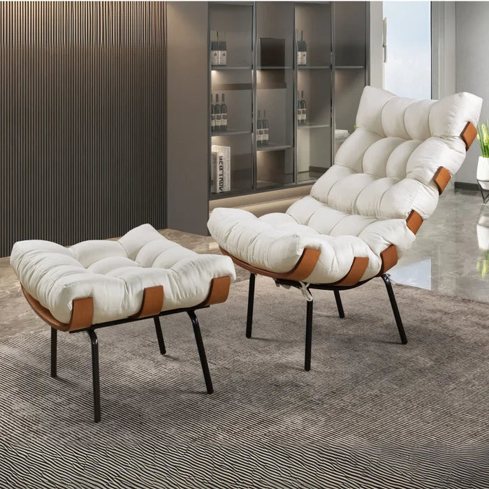 Poltrona Decorativa Costela com Puff em Linho Off White