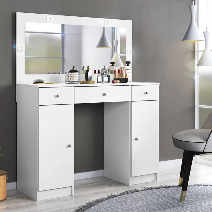 Penteadeira Camarim com Espelho, LED, 2 Portas e 3 Gavetas Branco – Carisma