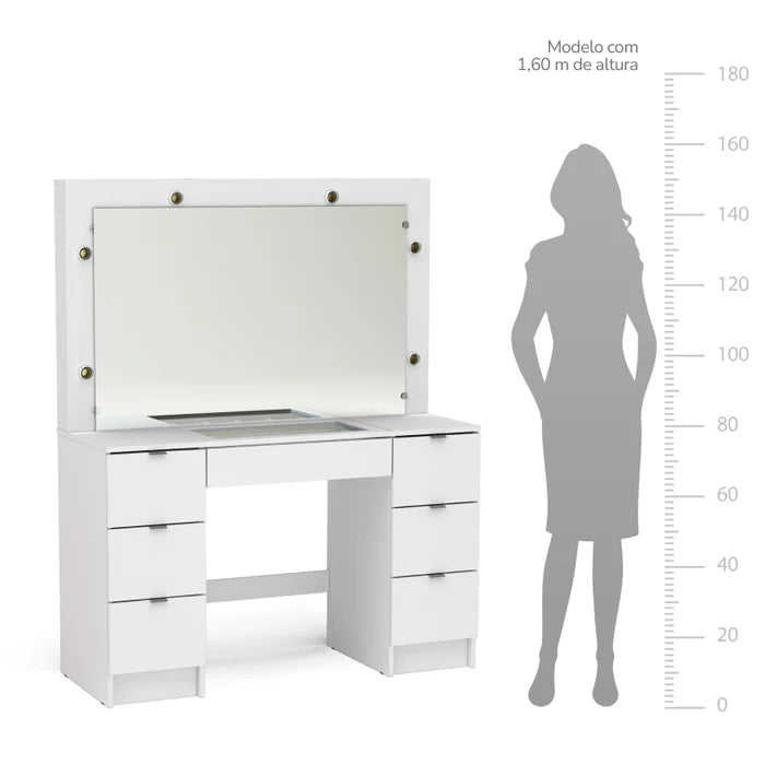 Penteadeira Camarim com Espelho, LED e 7 Gavetas Branco – França