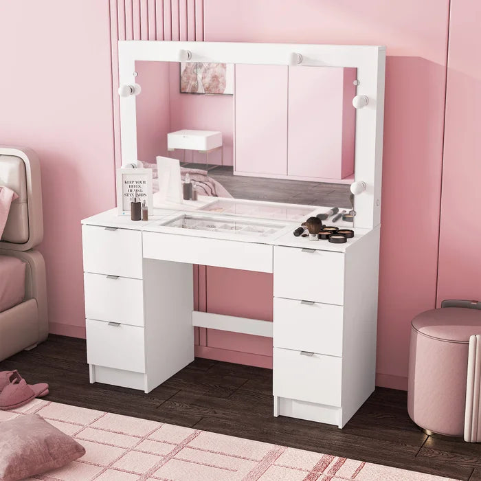 Penteadeira Camarim com Espelho, LED e 7 Gavetas Branco – França