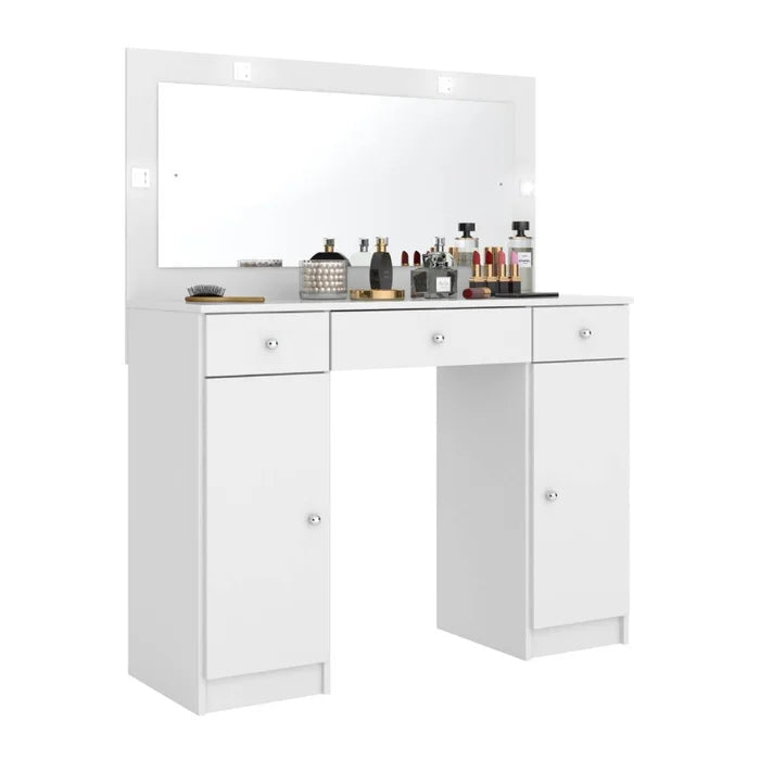 Penteadeira Camarim com Espelho, LED, 2 Portas e 3 Gavetas Branco – Carisma