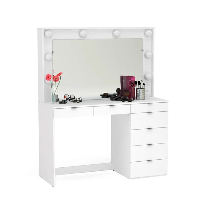 Penteadeira Camarim com Espelho, LED, Tomada e 7 Gavetas Branco – Diamante