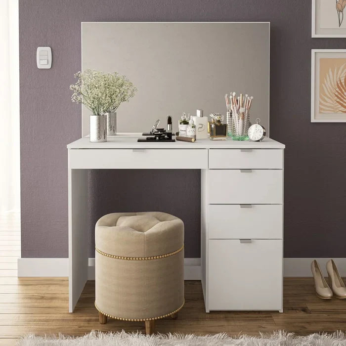 Penteadeira de Maquiagem com Espelho e 5 Gavetas Branco – Linden