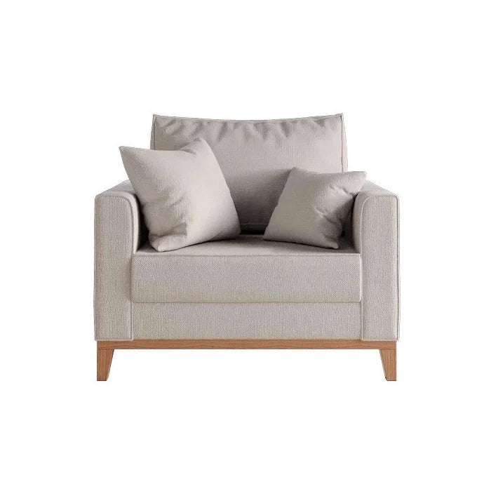 Poltrona Estofada Beny com Pés de Madeira e Linho Cru