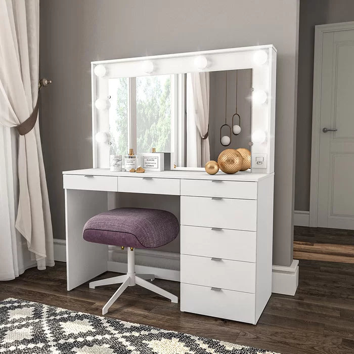 Penteadeira Camarim com Espelho, LED, Tomada e 7 Gavetas Branco – Diamante