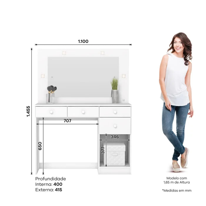 Penteadeira Camarim com Espelho, LED, 1 Porta e 4 Gavetas Branco – Happy