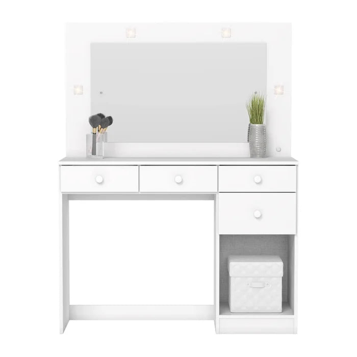 Penteadeira Camarim com Espelho, LED, 1 Porta e 4 Gavetas Branco – Happy