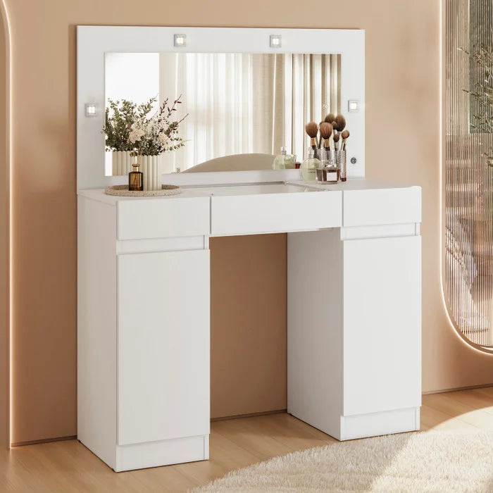 Penteadeira Camarim com Espelho, LED, 2 Portas e 3 Gavetas Branco – Studio