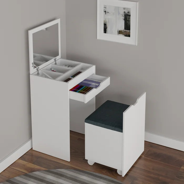 Penteadeira Compacta com Espelho, Gaveta e Baú Branco Floral – Pe2007