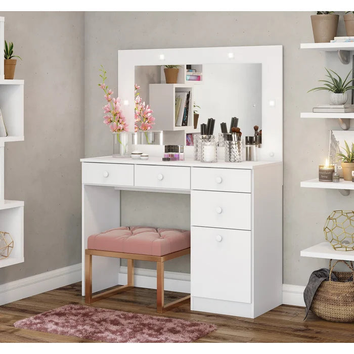 Penteadeira Camarim com Espelho, LED, 1 Porta e 4 Gavetas Branco – Happy