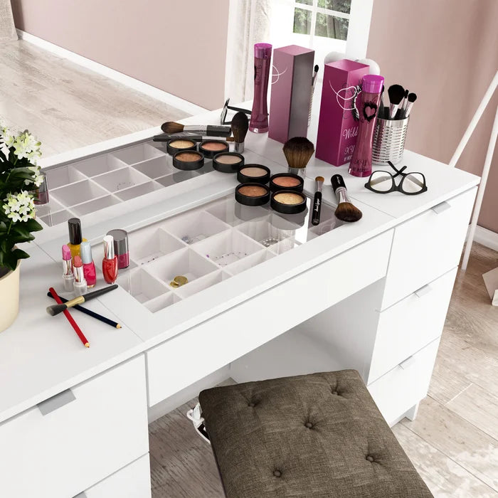 Penteadeira Camarim com Espelho, LED e 7 Gavetas Branco – França