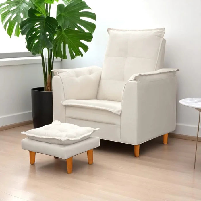 Poltrona de Amamentação com Puff Opala em Suede Bege com Pés Palito