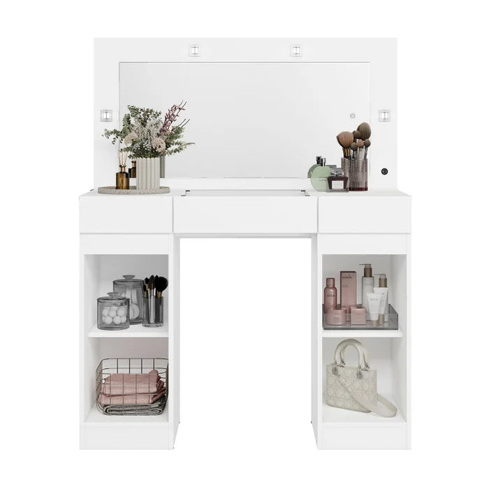 Penteadeira Camarim com Espelho, LED, 2 Portas e 3 Gavetas Branco – Studio