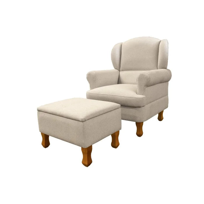 Poltrona para Amamentação Sabrina em Linho com Puff Baú e Pés de Madeira