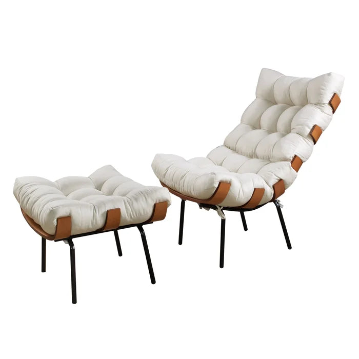 Poltrona Decorativa Costela com Puff em Linho Off White