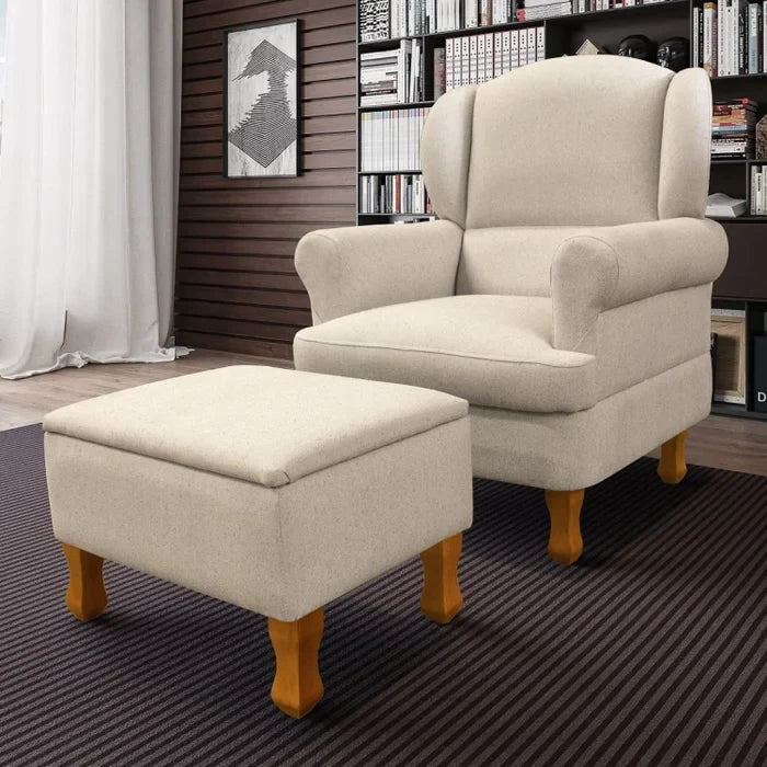 Poltrona para Amamentação Sabrina em Linho com Puff Baú e Pés de Madeira