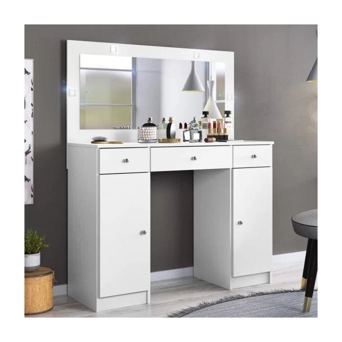 Penteadeira Camarim com Espelho, LED, 2 Portas e 3 Gavetas Branco – Carisma