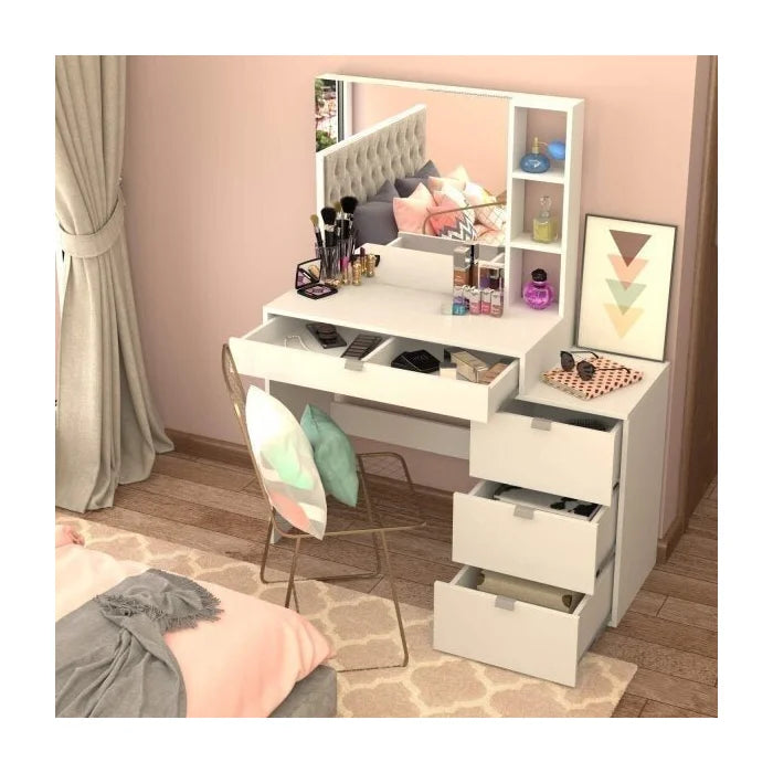 Penteadeira com Espelho, 4 Gavetas e 3 Nichos Branco