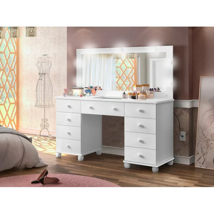 Penteadeira Camarim com Espelho, LED e 9 Gavetas Branco